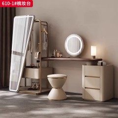 【精品】千匠一品 意式轻奢风格 北美黑胡桃实木贴皮台面+生态超纤皮包裹实木柜体+进口高光镜面+LED三色（可选）+不锈钢镀金架 时尚优雅梳妆台610-1-L