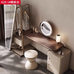 【精品】千匠一品 意式轻奢风格 北美黑胡桃实木贴皮台面+生态超纤皮包裹实木柜体+进口高光镜面+LED三色（可选）+不锈钢镀金架 时尚优雅梳妆台610-1-L