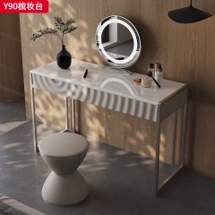 【精品】千匠一品 轻奢意式风格 超晶石台面+生态超纤皮包裹全实木柜体+碳素钢喷涂枪色底架 时尚简约梳妆台Y90-J
