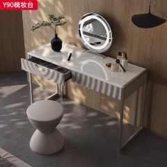 【精品】千匠一品 轻奢意式风格 超晶石台面+生态超纤皮包裹全实木柜体+碳素钢喷涂枪色底架 时尚简约梳妆台Y90-J