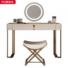 【精品】千匠一品 轻奢意式风格 北欧白蜡木台面+生态超纤皮包裹实木柜体+不锈钢镀金脚架 时尚简约梳妆台Y92-J