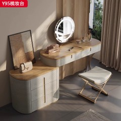【精品】千匠一品 轻奢意式风格 北欧白蜡木台面+生态超纤皮包裹全实木柜体+不锈钢镀金脚架 时尚简约梳妆台Y95-J