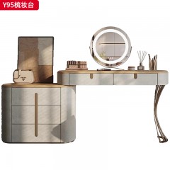 【精品】千匠一品 轻奢意式风格 北欧白蜡木台面+生态超纤皮包裹全实木柜体+不锈钢镀金脚架 时尚简约梳妆台Y95-J