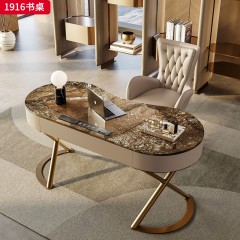 【精品】千匠一品 轻奢意式风格 北美黑胡桃实木贴皮台面+生态超纤皮包裹实木柜体+不锈钢镀金底架 时尚大气书桌1916-J