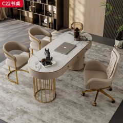 【精品】千匠一品 轻奢意式风格 新型高光岩板台面+生态超纤皮包裹实木柜体+不锈钢镀金底架 时尚大气书桌C22-J