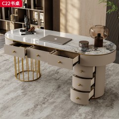 【精品】千匠一品 轻奢意式风格 新型高光岩板台面+生态超纤皮包裹实木柜体+不锈钢镀金底架 时尚大气书桌C22-J