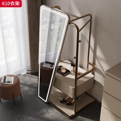 【精品】千匠一品 轻奢意式风格 生态超纤皮包裹实木柜体+进口高光镜面+LED三色可选+不锈钢镀金架 时尚简约全身镜衣帽架610-J