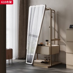 【精品】千匠一品 轻奢意式风格 生态超纤皮包裹实木柜体+进口高光镜面+LED三色可选+不锈钢镀金架 时尚简约全身镜衣帽架610-J