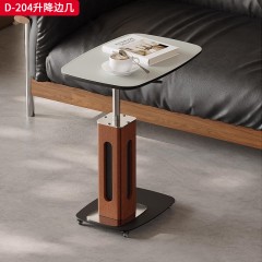 千匠一品 中古侘寂风格 吸塑板贴洞石岩板 马鞍皮台面+橡木四方立柱+不锈钢底座 时尚简约升降边几D-204-J