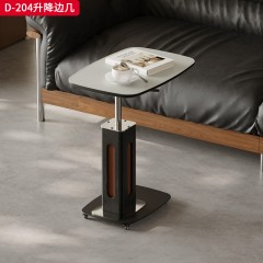 千匠一品 中古侘寂风格 吸塑板贴洞石岩板 马鞍皮台面+橡木四方立柱+不锈钢底座 时尚简约升降边几D-204-J