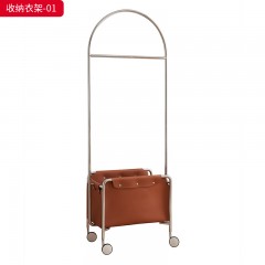 千匠一品 意式极简风格 不锈钢框架+马鞍皮 时尚简约移动衣帽架 收纳衣架-01-J