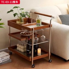 千匠一品 中古侘寂风格 多层实木板贴白蜡木皮+不锈钢架 时尚简约推车TC-03-11-J
