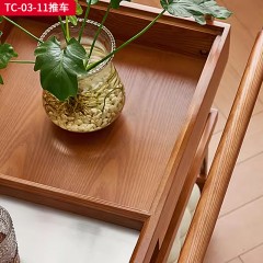 千匠一品 中古侘寂风格 多层实木板贴白蜡木皮+不锈钢架 时尚简约推车TC-03-11-J