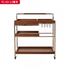 千匠一品 中古侘寂风格 多层实木板贴白蜡木皮+不锈钢架 时尚简约推车TC-03-11-J
