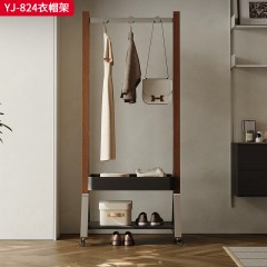 千匠一品 中古侘寂风格 不锈钢亮光管带滚轮+中古色木边+马鞍皮收纳箱 时尚简约衣帽架YJ-824-J