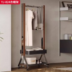 千匠一品 中古侘寂风格 不锈钢亮光管带滚轮+中古色木边+马鞍皮收纳箱 时尚简约衣帽架YJ-824-J