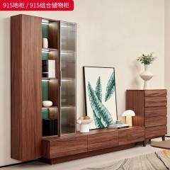 千匠一品 北欧风格 黑胡桃木实木+玻璃+优质五金配件 时尚大气地柜 组合储物柜915-J
