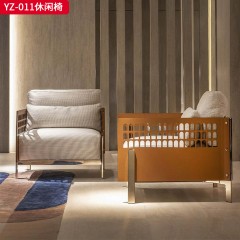千匠一品 意式风格 马鞍皮+棉麻布+高密度海绵+实心不锈钢架镀金色 时尚大气休闲椅YZ-011-J