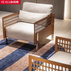 千匠一品 意式风格 马鞍皮+棉麻布+高密度海绵+实心不锈钢架镀金色 时尚大气休闲椅YZ-011-J