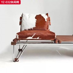千匠一品 意式风格 奶牛皮+不锈钢+白蜡木+马鞍革 时尚大气休闲椅YZ-032-J