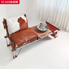 千匠一品 意式风格 奶牛皮+不锈钢+白蜡木+马鞍革 时尚大气休闲椅YZ-032-J