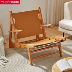 千匠一品 中古侘寂风格 白蜡木+马鞍革 时尚大气休闲椅YZ-029-J