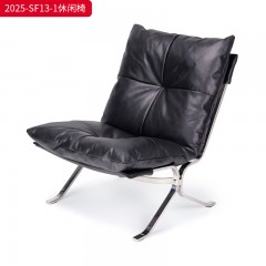 千匠一品 中古风格 亮光不锈钢+黑色迪拉皮全牛皮真皮 时尚大气休闲椅2025-SF13-1-L