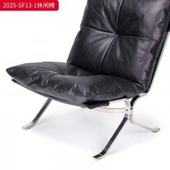 千匠一品 中古风格 亮光不锈钢+黑色迪拉皮全牛皮真皮 时尚大气休闲椅2025-SF13-1-L