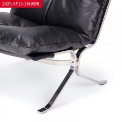 千匠一品 中古风格 亮光不锈钢+黑色迪拉皮全牛皮真皮 时尚大气休闲椅2025-SF13-1-L