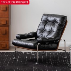 千匠一品 中古风格 亮光不锈钢+黑色迪拉皮全牛皮真皮 时尚大气哈羚顿休闲椅2025-SF13-L