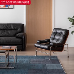 千匠一品 中古风格 亮光不锈钢+黑色迪拉皮全牛皮真皮 时尚大气哈羚顿休闲椅2025-SF13-L