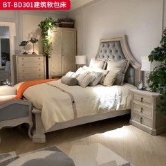 【精品】千匠一品 美式风格 橡胶木贴水曲柳木皮+环保人造板+高级绒布 时尚大气建筑软包床BT-BD301-J