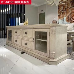 【精品】千匠一品 美式风格 橡胶木贴水曲柳木皮+环保人造板+玻璃柜门 时尚大气建筑电视柜BT-GC301-J