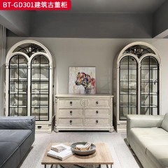 【精品】千匠一品 美式风格 橡胶木贴水曲柳木皮+环保人造板+铁门+玻璃 时尚大气建筑古董柜BT-GD301-J
