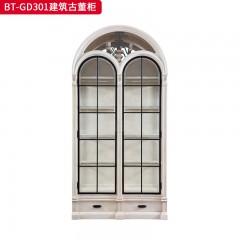 【精品】千匠一品 美式风格 橡胶木贴水曲柳木皮+环保人造板+铁门+玻璃 时尚大气建筑古董柜BT-GD301-J