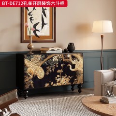 【精品】千匠一品 美式中古风格 实木脚+实木多层板+手绘 时尚大气孔雀开屏装饰六斗柜BT-DE712-L