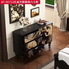 【精品】千匠一品 美式中古风格 实木脚+实木多层板+手绘 时尚大气孔雀开屏装饰六斗柜BT-DE712-L