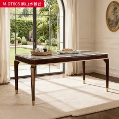 【精品】千匠一品 美式轻奢风格 大理石+桃花芯木+辅材进口橡胶木+金属套脚 时尚大气紫山水餐台M-DT605-L