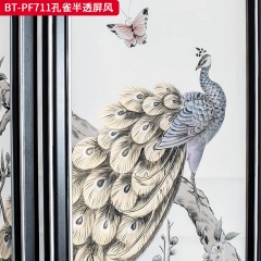 【精品】千匠一品 美式中古风格 实木框架手绘 时尚大气孔雀半透屏风BT-PF711-L