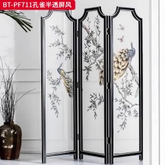 【精品】千匠一品 美式中古风格 实木框架手绘 时尚大气孔雀半透屏风BT-PF711-L
