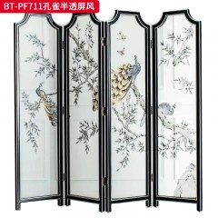 【精品】千匠一品 美式中古风格 实木框架手绘 时尚大气孔雀半透屏风BT-PF711-L