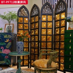 【精品】千匠一品 美式中古风格 不锈钢+手绘工艺玻璃 时尚大气枝蔓屏风BT-PF712-L