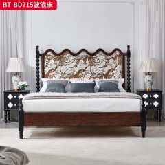 【精品】千匠一品 美式中古风格 主材红橡木+辅材橡胶木+头层油蜡真皮  高级提花棉麻布艺 时尚大气波浪床BT-BD715-L