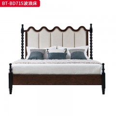 【精品】千匠一品 美式中古风格 主材红橡木+辅材橡胶木+头层油蜡真皮  高级提花棉麻布艺 时尚大气波浪床BT-BD715-L