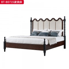【精品】千匠一品 美式中古风格 主材红橡木+辅材橡胶木+头层油蜡真皮  高级提花棉麻布艺 时尚大气波浪床BT-BD715-L
