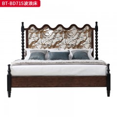 【精品】千匠一品 美式中古风格 主材红橡木+辅材橡胶木+头层油蜡真皮  高级提花棉麻布艺 时尚大气波浪床BT-BD715-L