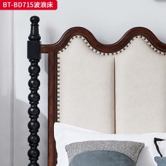 【精品】千匠一品 美式中古风格 主材红橡木+辅材橡胶木+头层油蜡真皮  高级提花棉麻布艺 时尚大气波浪床BT-BD715-L