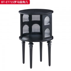 【精品】千匠一品 美式中古风格 主材红橡木+辅材实木板拼花+长虹玻璃 时尚大气罗马园角几BT-ET715-J