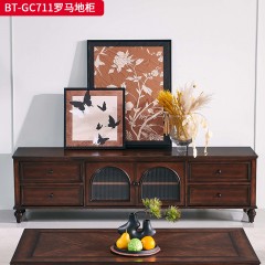 【精品】千匠一品 美式中古风格 主材红橡木+辅材实木板拼花+松木+长虹玻璃 时尚大气罗马地柜BT-GC711-J