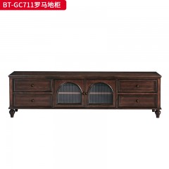 【精品】千匠一品 美式中古风格 主材红橡木+辅材实木板拼花+松木+长虹玻璃 时尚大气罗马地柜BT-GC711-J